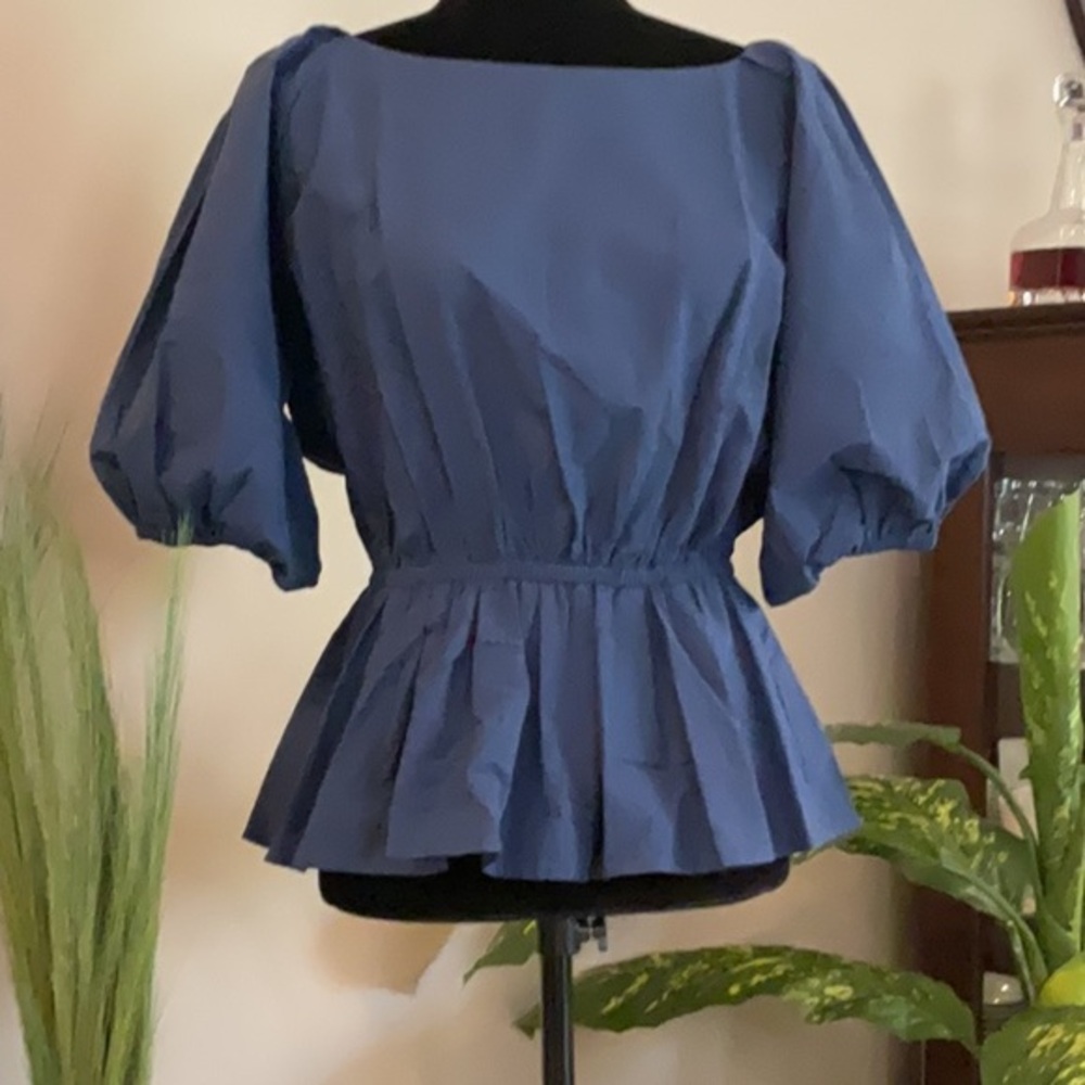 HARSHMAN - The Barnes Top - Blue Peplum Puff Sleeve - NEW